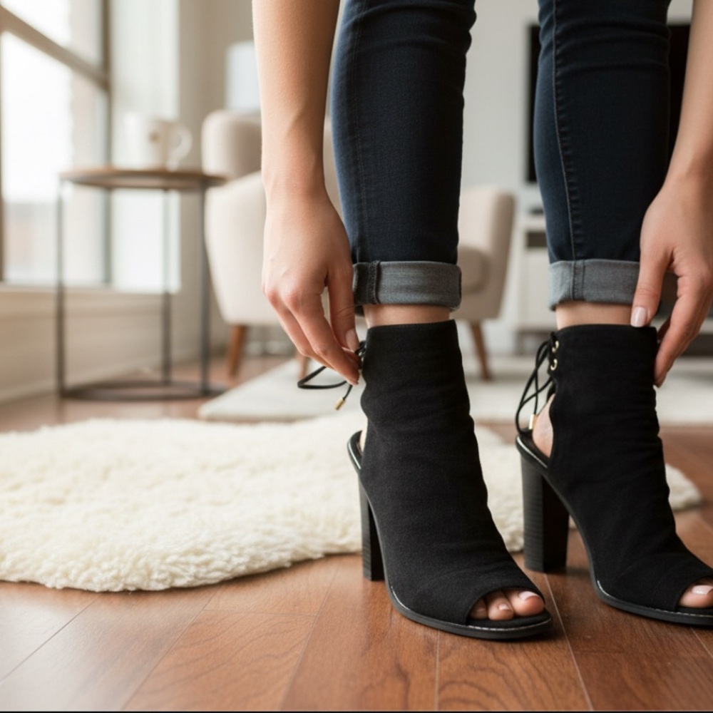 Elegant Black Suede Peep-Toe Heeled Booties